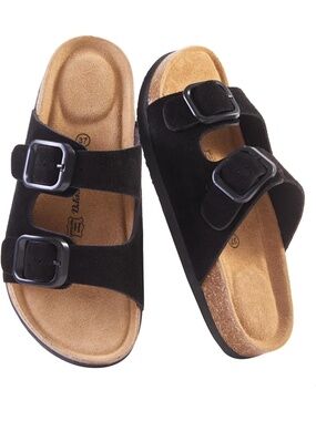 🆕 Women Black Suede Slide Sandals Double Buckle Strap Cork Footbed Shoes
